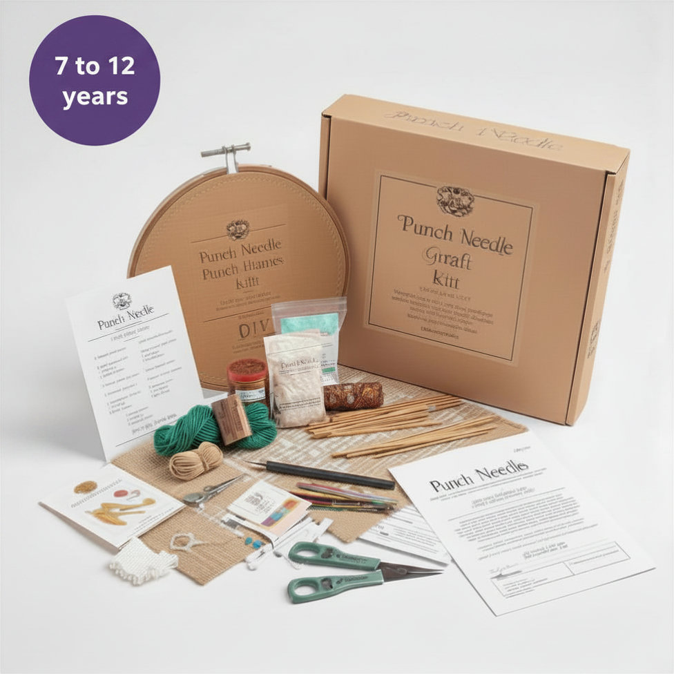 Punch Needle Kit for Kids Ages 7–12 - Complete Beginner Craft Set with 2 Pre-Printed Fabrics, Hoop & Threads, Craft Kits and Decoration