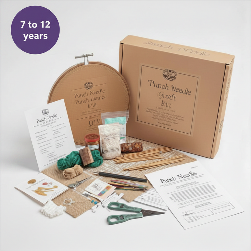 Punch Needle Kit for Kids Ages 7–12 - Complete Beginner Craft Set with 2 Pre-Printed Fabrics, Hoop & Threads, Craft Kits and Decoration